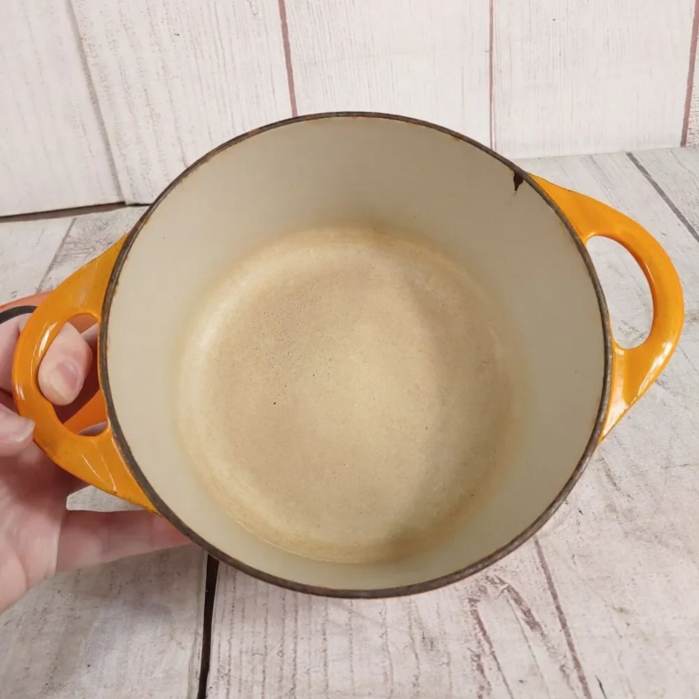 VINTAGE Cousances #16 ENAMELED Cast Iron Sauce Pan - Pot Orange w/ Lid - France
